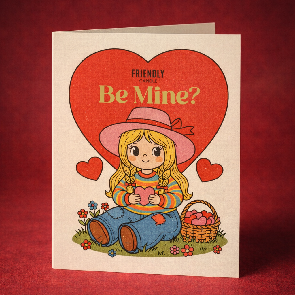 Valentine's Day card with a girl holding hearts and a large red heart asking 'Be Mine?' on a red background.